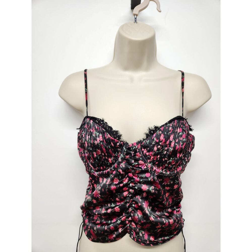 For Love And Lemons Women's Black Melrose Satin Bustier Top, Lace Trim, Size Lg,